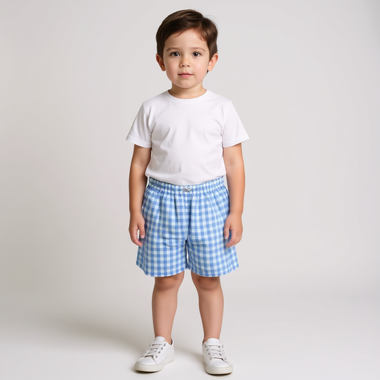 Boys Gingham Plaid Cotton Shorts - Blue Color