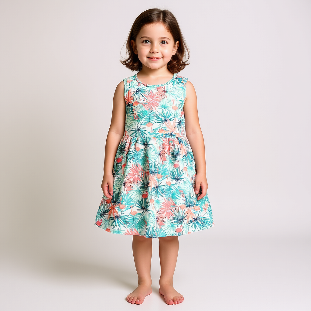 Girls Cotton Frock – Flamingo Leaf Print