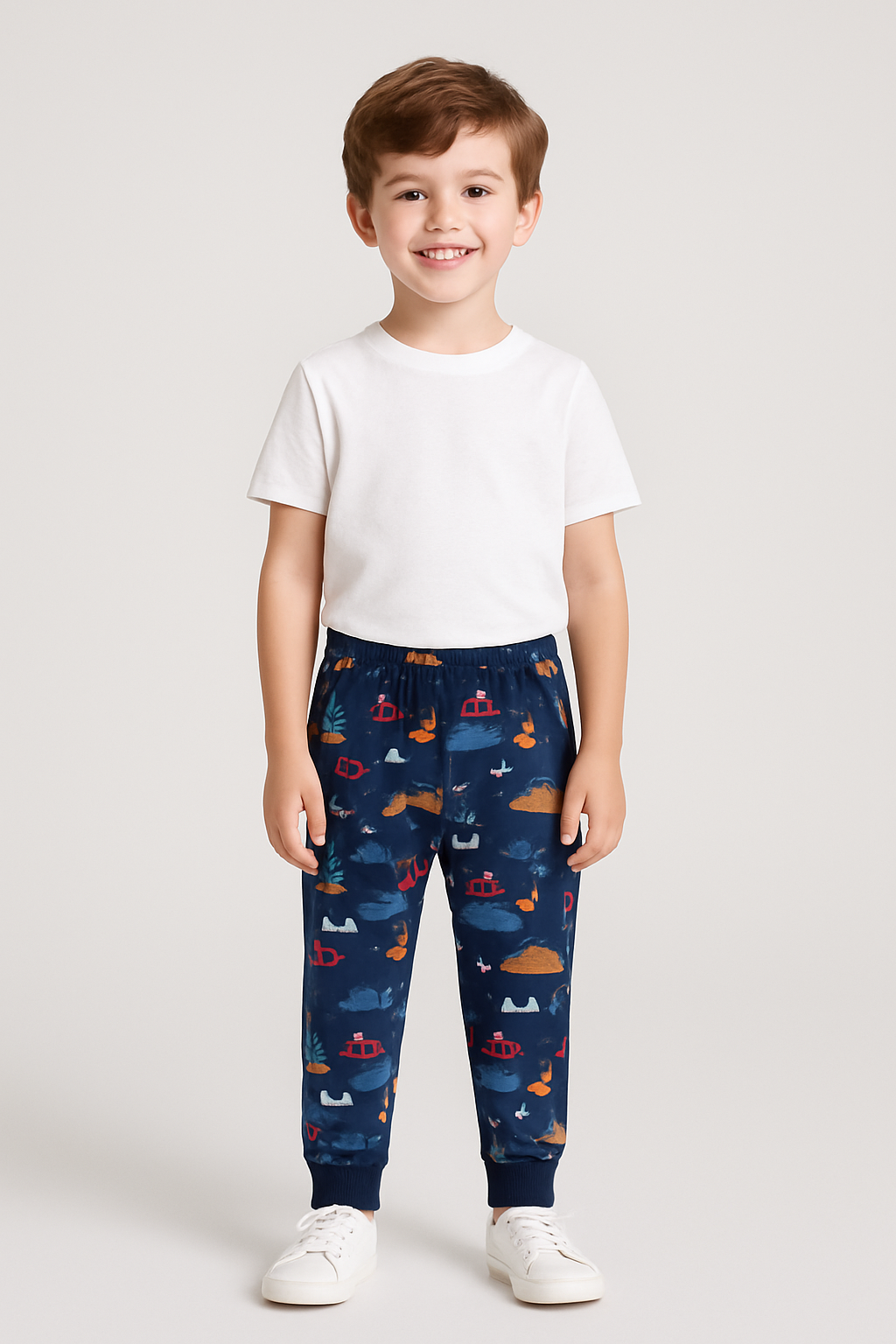 Boys Printed Cotton Trousers - Dark Blue Color