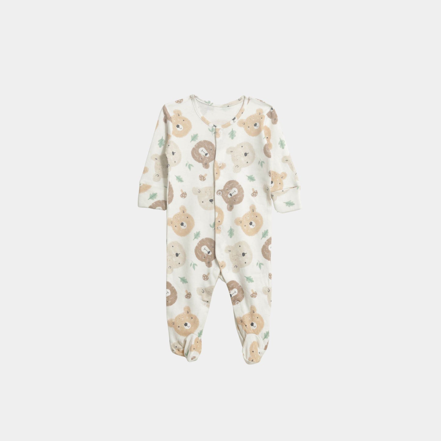 Baby Unisex Sleepsuit – White with Brown Bear Print - KIDKO