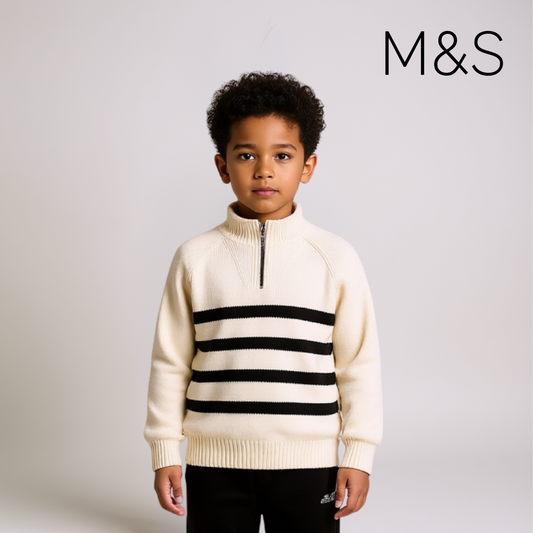 Boys Half Zip Striped Jumper – Cream and Black Color