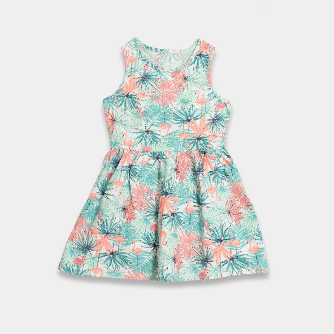 Girls Cotton Frock – Flamingo Leaf Print - KIDKO