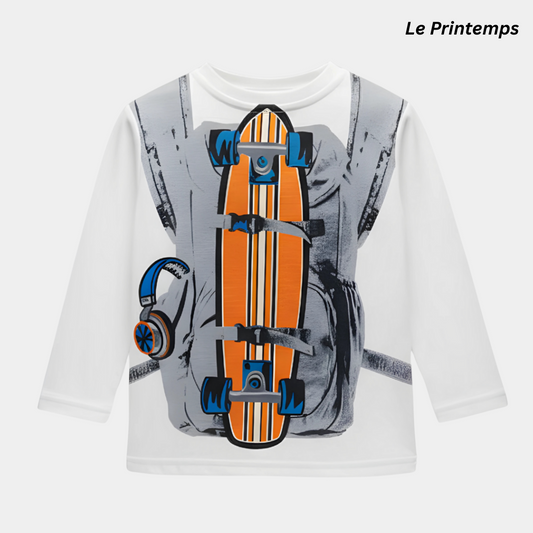 Kids Full-Sleeves White Skateboard Print Shirt – Trendy Street Style