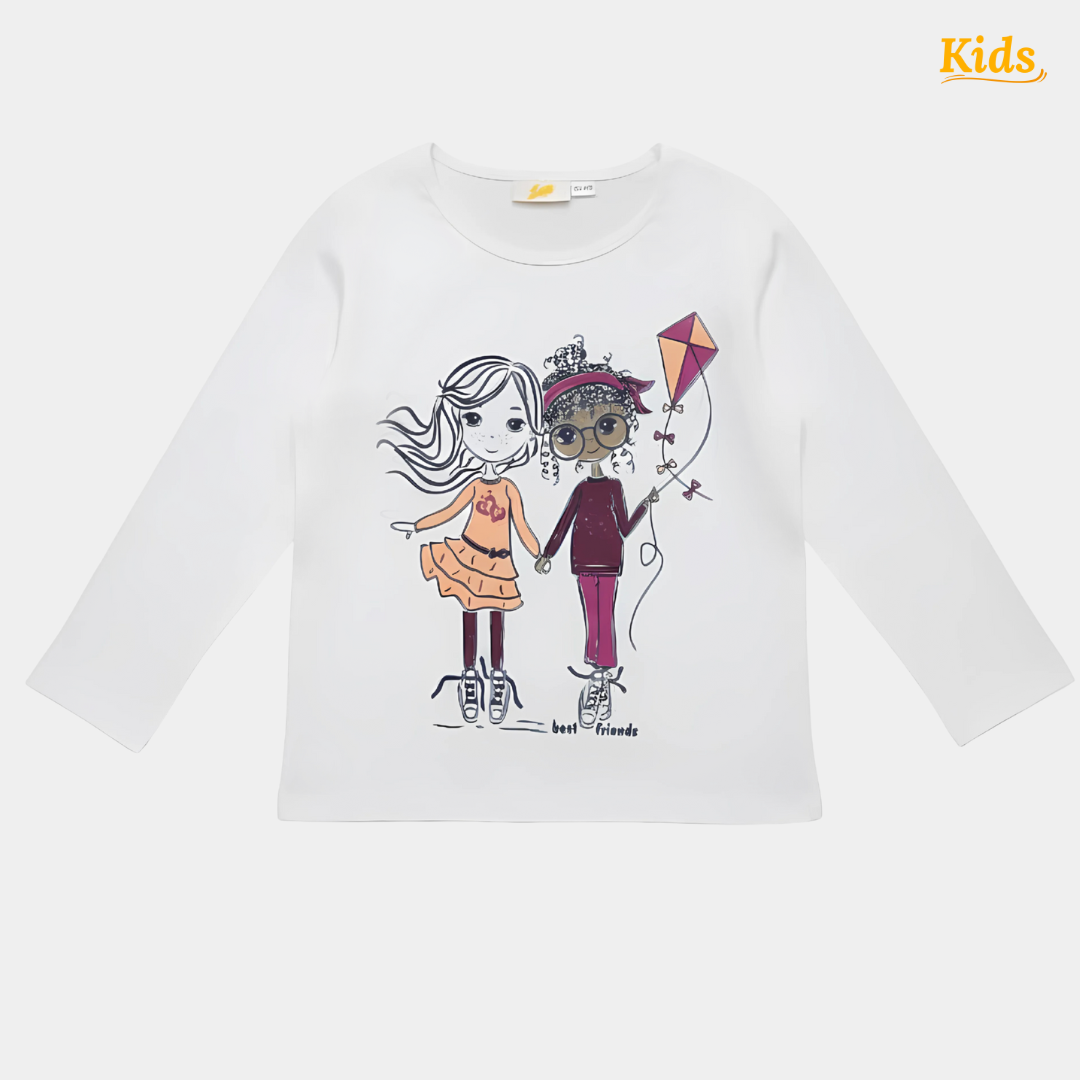 Girls Full-Sleeves White “Best Friends” Print Shirt