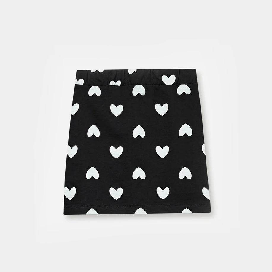 Girls Printed Skirt - Black with White Hearts - KIDKO