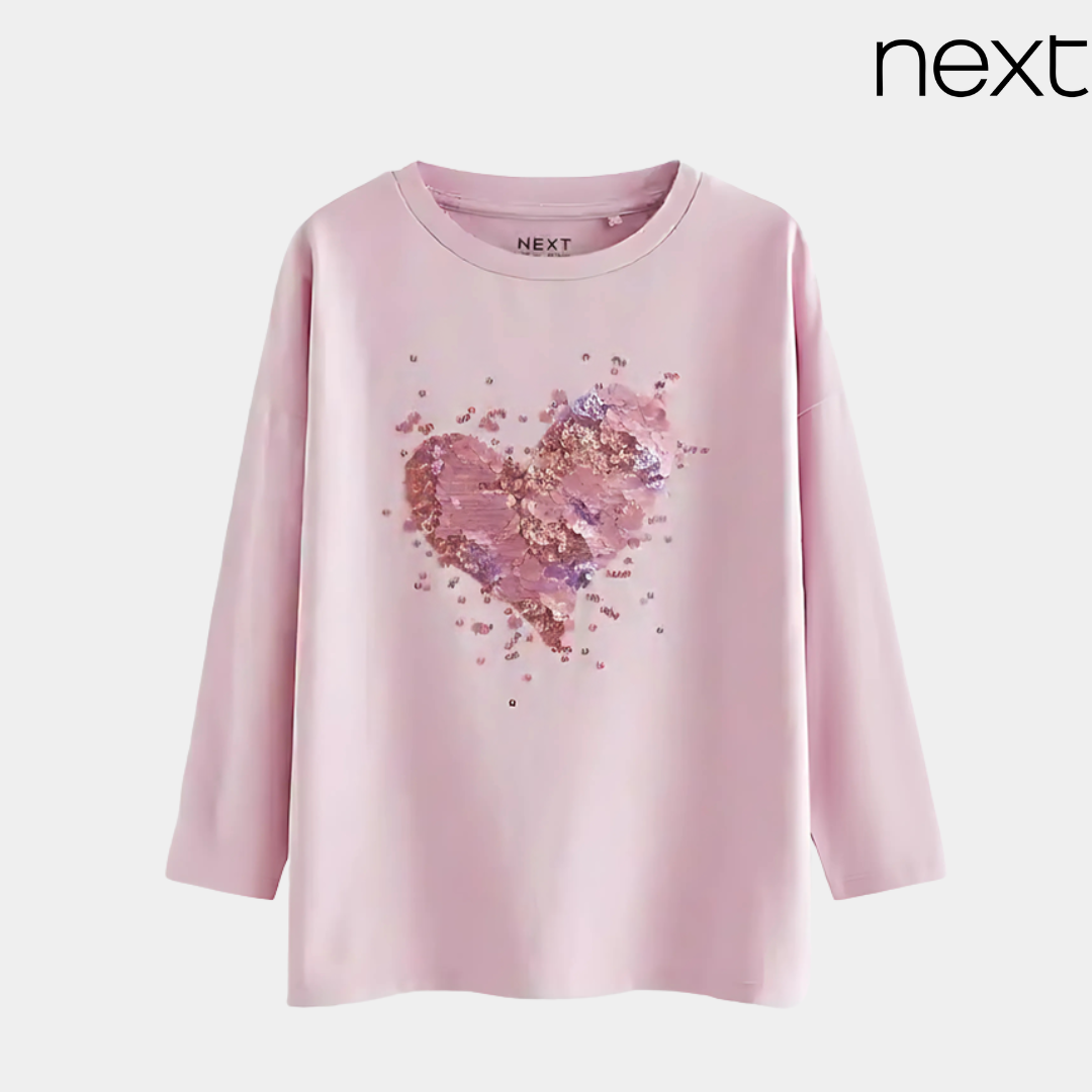 Girls Pink Sequin Heart Full Sleeve T-Shirt