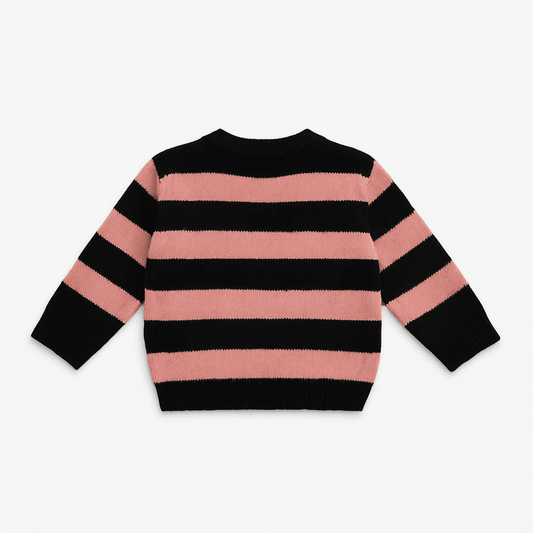 Girls Striped Round Neck Top – Pink & Black - KIDKO