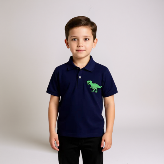 Boys Navy Blue Polo Shirt - Dinosaur