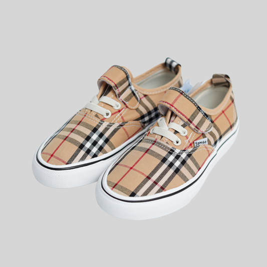 Kids Beige Check Canvas Sneakers – Velcro & Lace Casual Shoes