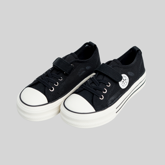 Kids Black Mesh Sneakers – Breathable Velcro & Lace Shoes