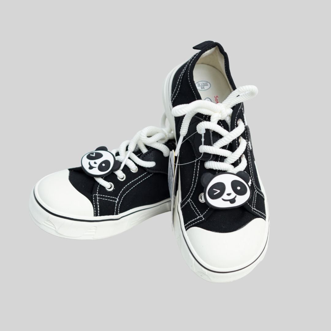 Kids Black Panda Canvas Sneakers – Fun Lace-Up Casual Shoes
