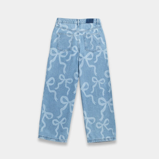 Girls Wide‑Leg Bow Print Denim Jeans - Sky Blue - KIDKO