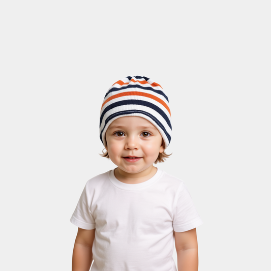 Boys Beanie Cap - White with Red & Blue Stripes