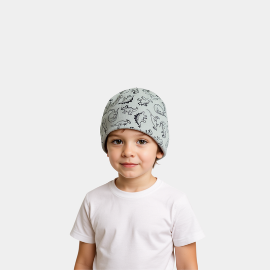 Boys Dinosaur Print Beanie Cap - Gray