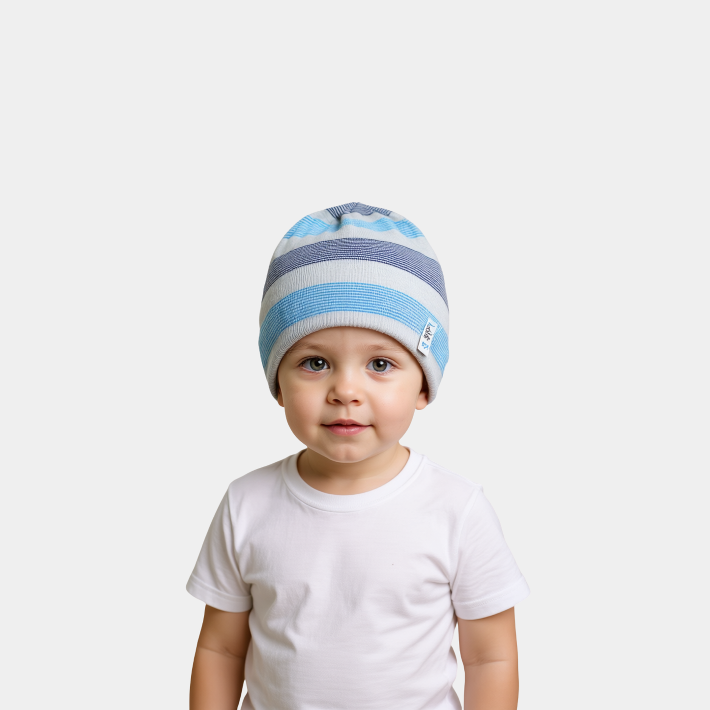 Boys Beanie Cap - White with Gray & Blue Stripes