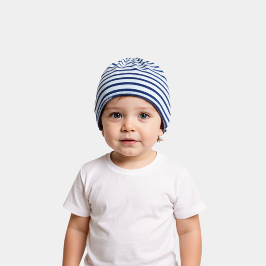 Boys Reversible Slouchy Beanie Cap - White with Blue Lining