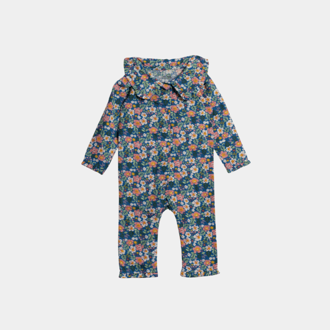 Baby Unisex UPF Sun‑Safe Sleepsuit – Blue Floral Pattern, Full Sleeve - KIDKO