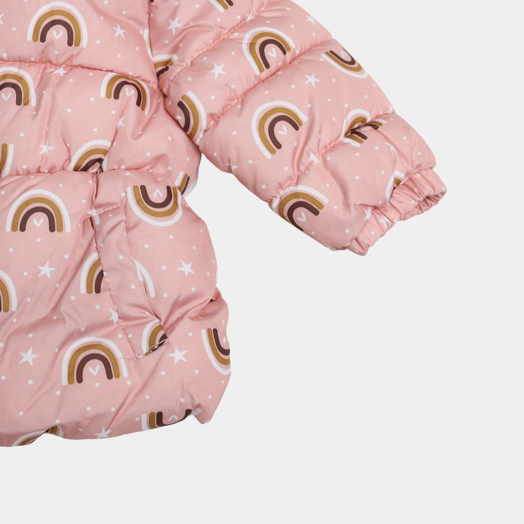 Girls Pink Rainbow Puffer Jacket with Hood & Soft Inner Lining