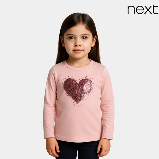 Girls Pink Sequin Heart Full Sleeve T-Shirt