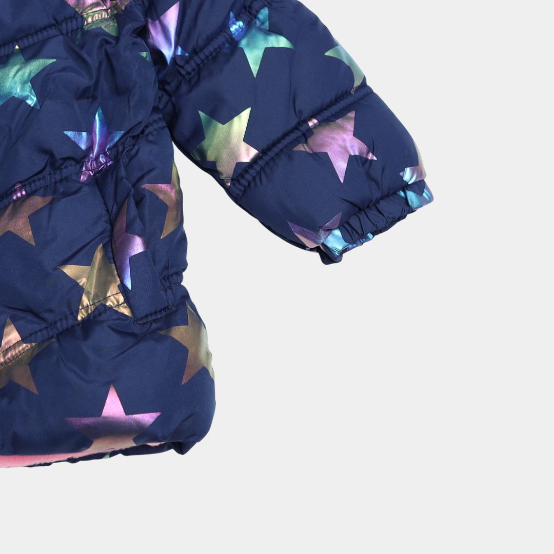 Girls Metallic Star Print Winter Puffer Jacket with Hood