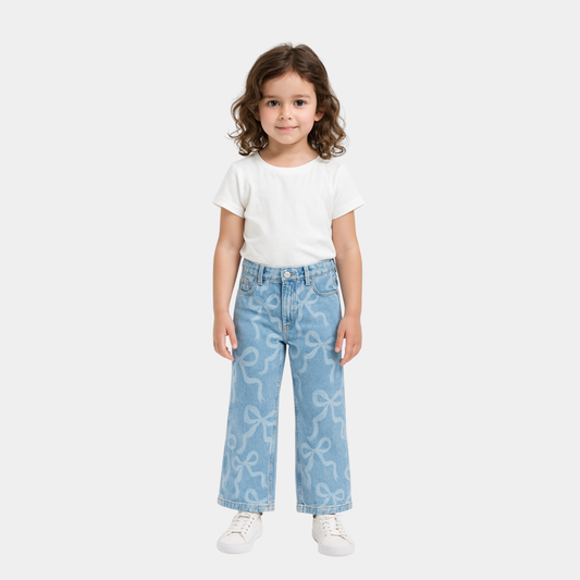 Girls Wide‑Leg Bow Print Denim Jeans - Sky Blue