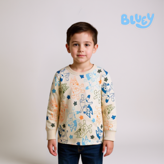 Boys Long Sleeve Bluey T‑Shirt – Off‑White Character Print