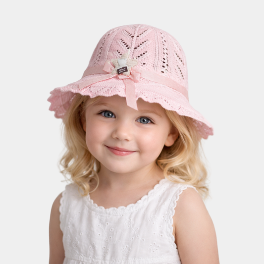 KIDKO Pink Crochet Hat for Girls – Soft Lace Design with Ribbon Bow