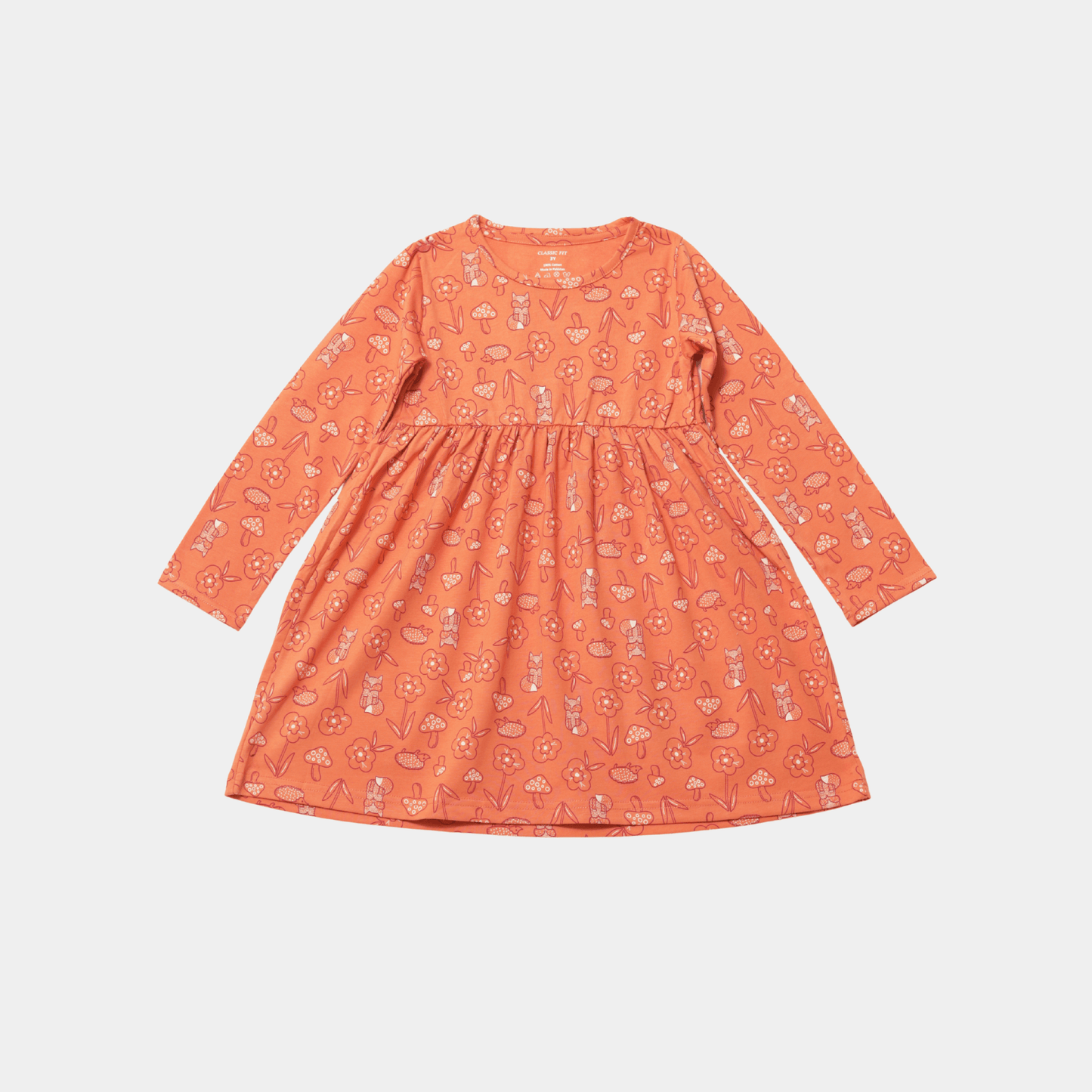 Girls Full Sleeve Floral Frock – Vibrant Orange - KIDKO