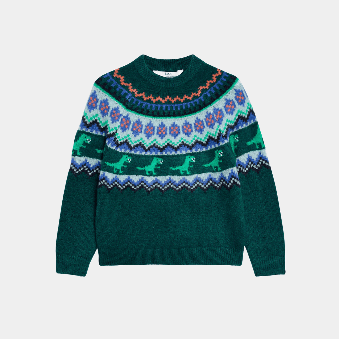 Boys Dinosaur Fair Isle Sweater – Dark Green - KIDKO