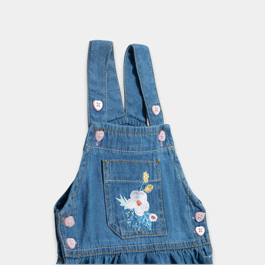Girls Floral-Print Cotton Dungaree – Denim Light Blue - KIDKO