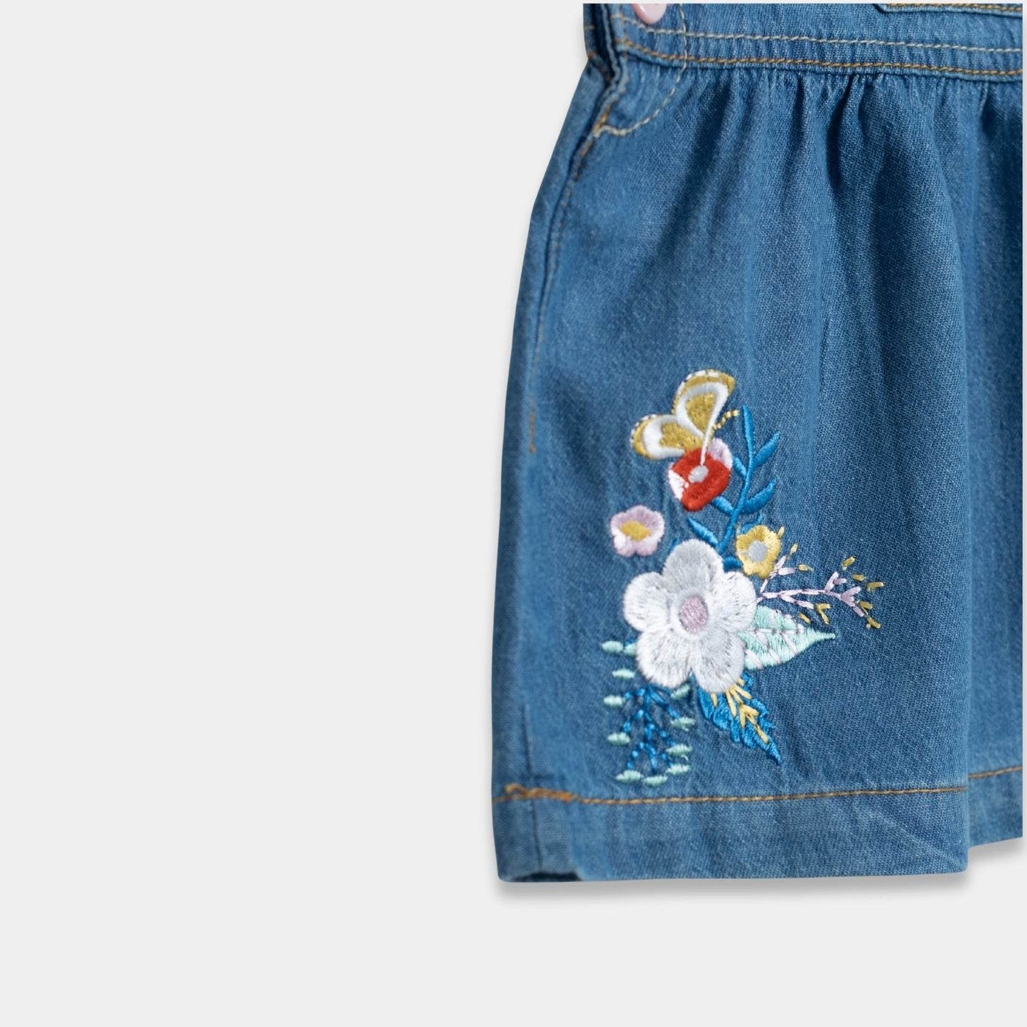 Girls Floral-Print Cotton Dungaree – Denim Light Blue - KIDKO