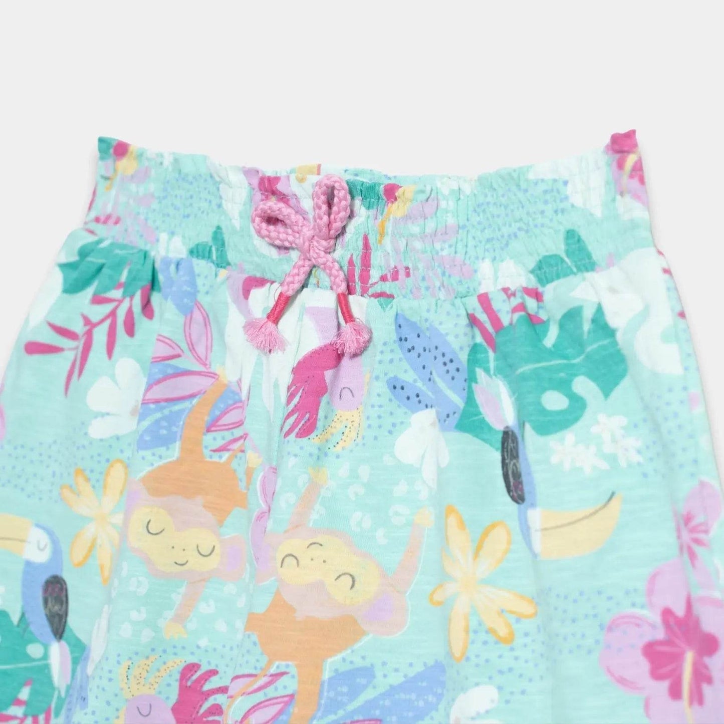 Girls Chambray Cotton Printed Shorts - Sea Green Color - KIDKO