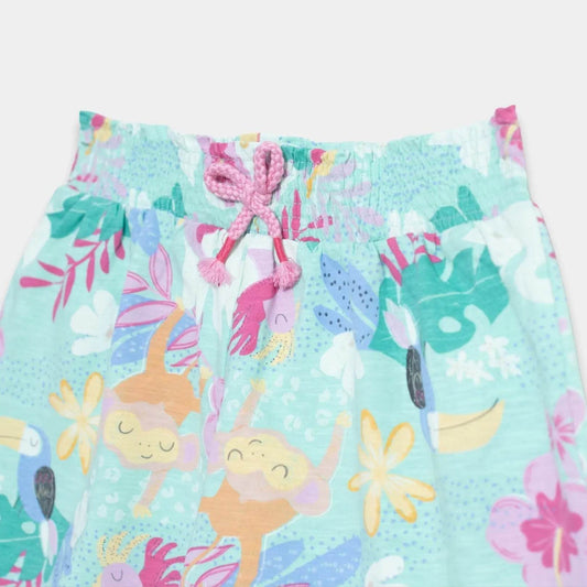 Girls Chambray Cotton Printed Shorts - Sea Green Color - KIDKO