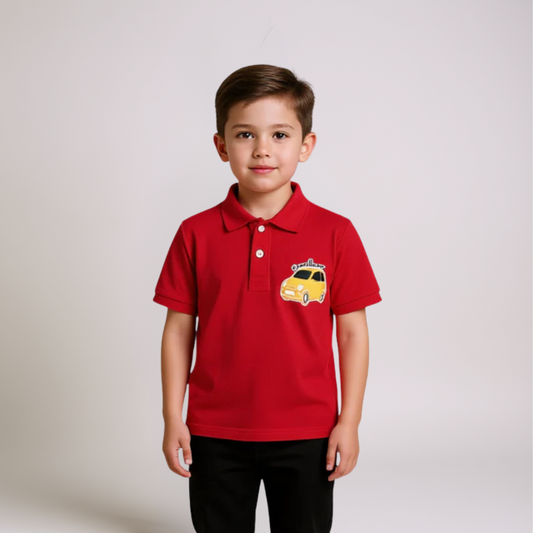 Boys Red Polo Shirt - Car Print