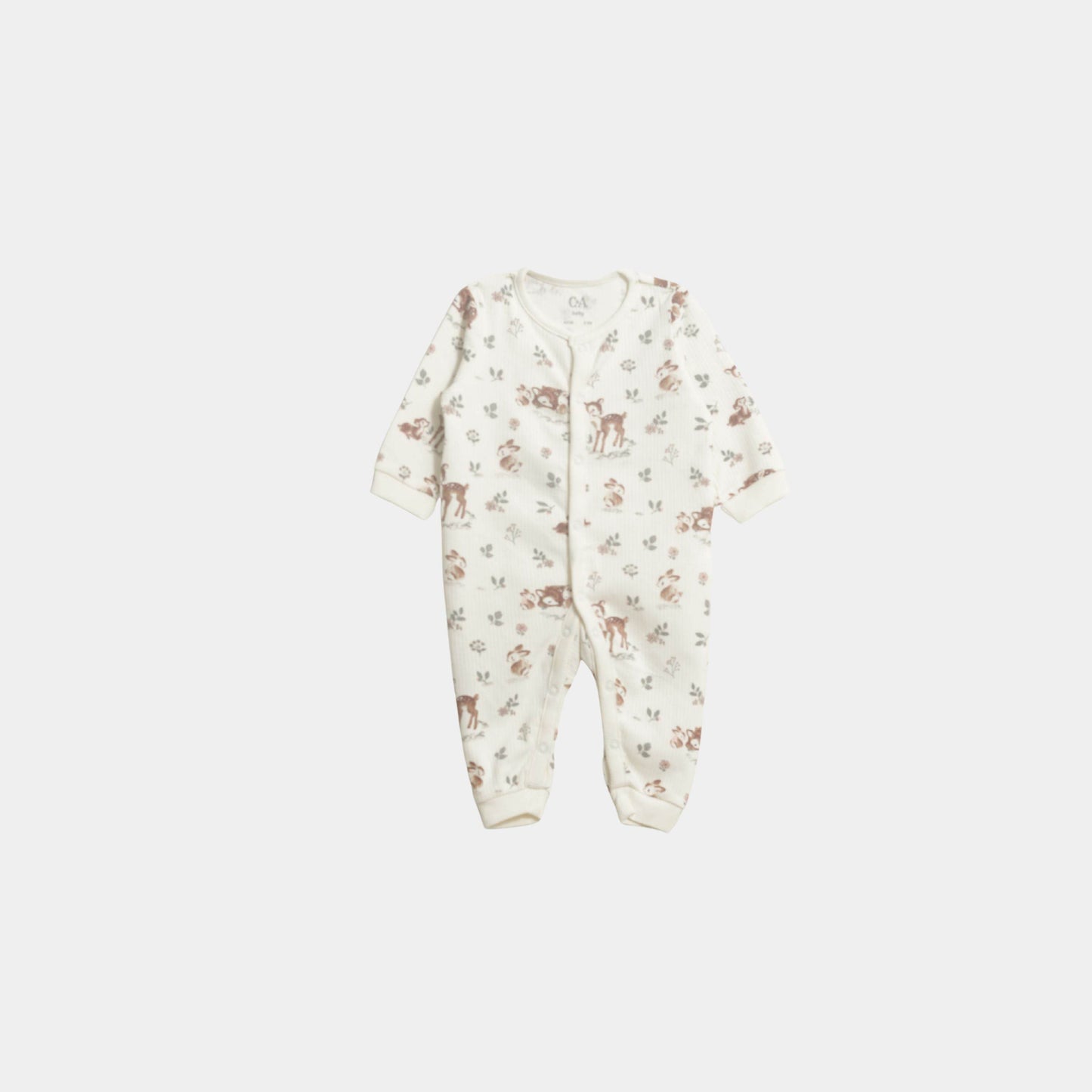 Baby Unisex Full Sleeve Sleepsuit – Off-White with Deer Print - KIDKO