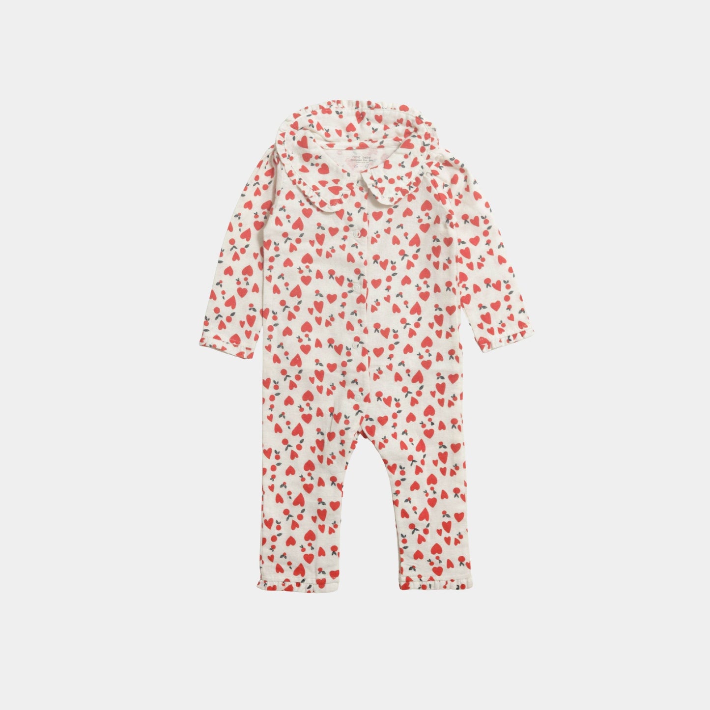 Baby Girls Full Sleeve Sleepsuit – White with Red Hearts & Frill Neck - KIDKO