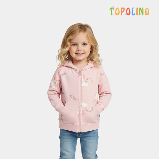 Girls Pink Unicorn & Rainbow Zip-Up Hoodie