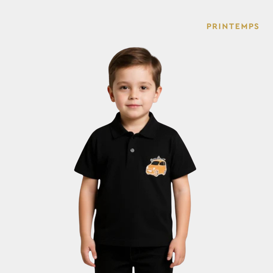 Boys Black Polo Shirt - Car Print