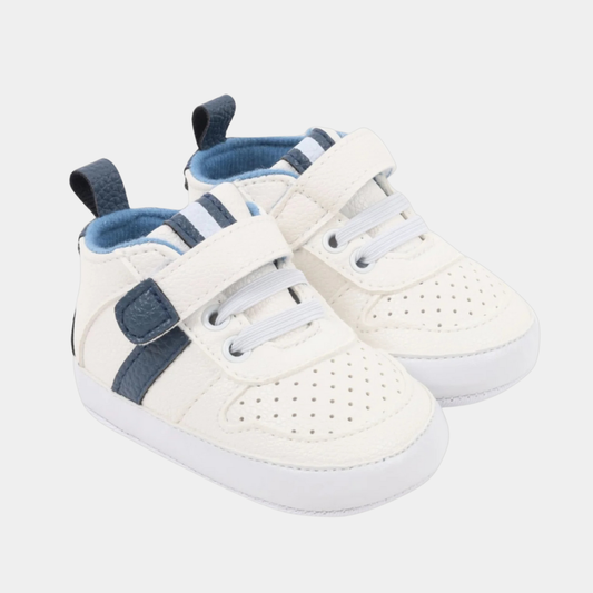 Baby Soft Sole Sneakers – White & Navy Blue