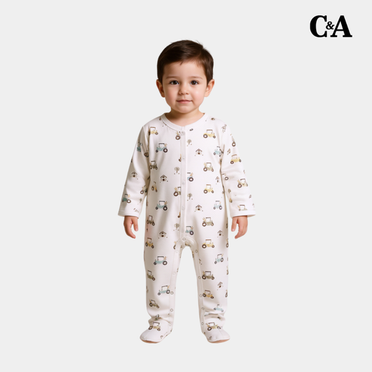 Baby Unisex Sleepsuit – White with Tractor Print
