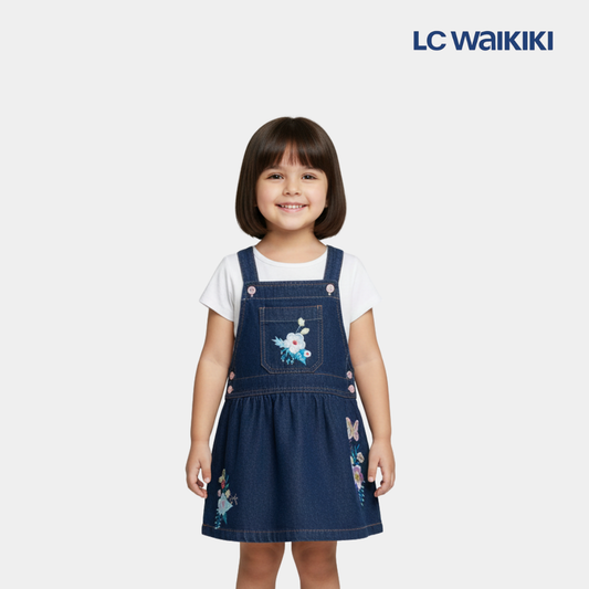 Girls Cotton Dungaree Dress - Denim Dark Blue