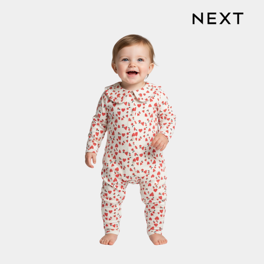 Baby Girls Full Sleeve Sleepsuit – White with Red Hearts & Frill Neck