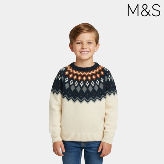 Boys Sweater – Off‑White with Royal Blue Yoke