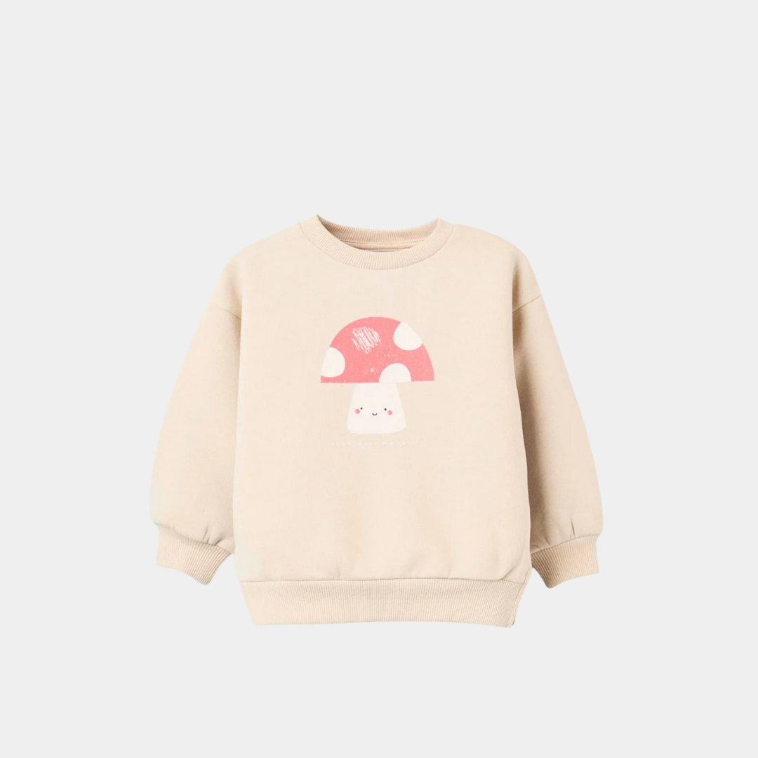 Girls Brushed Sweatshirt – Beige Mushroom Print