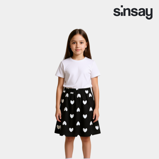 Girls Printed Skirt - Black with White Hearts