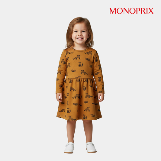 Girls Animal Print Long Sleeve Frok – Mustard