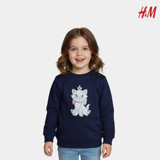 Navy Blue Sweatshirt with Cute Cat Print – Soft & Cozy Winter Wear for Girls