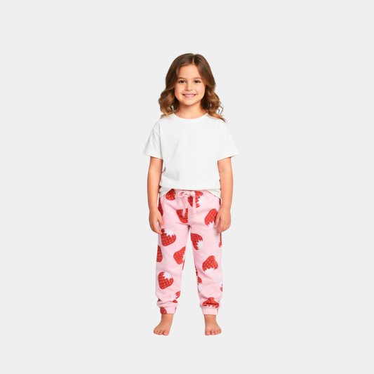Girls Strawberry Print Pink Cotton Joggers