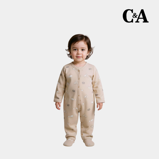 Baby Unisex Sleepsuit – Light Beige Animal Print