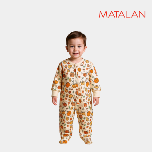 Baby Unisex Sleepsuit – Off White with Pumpkin Print